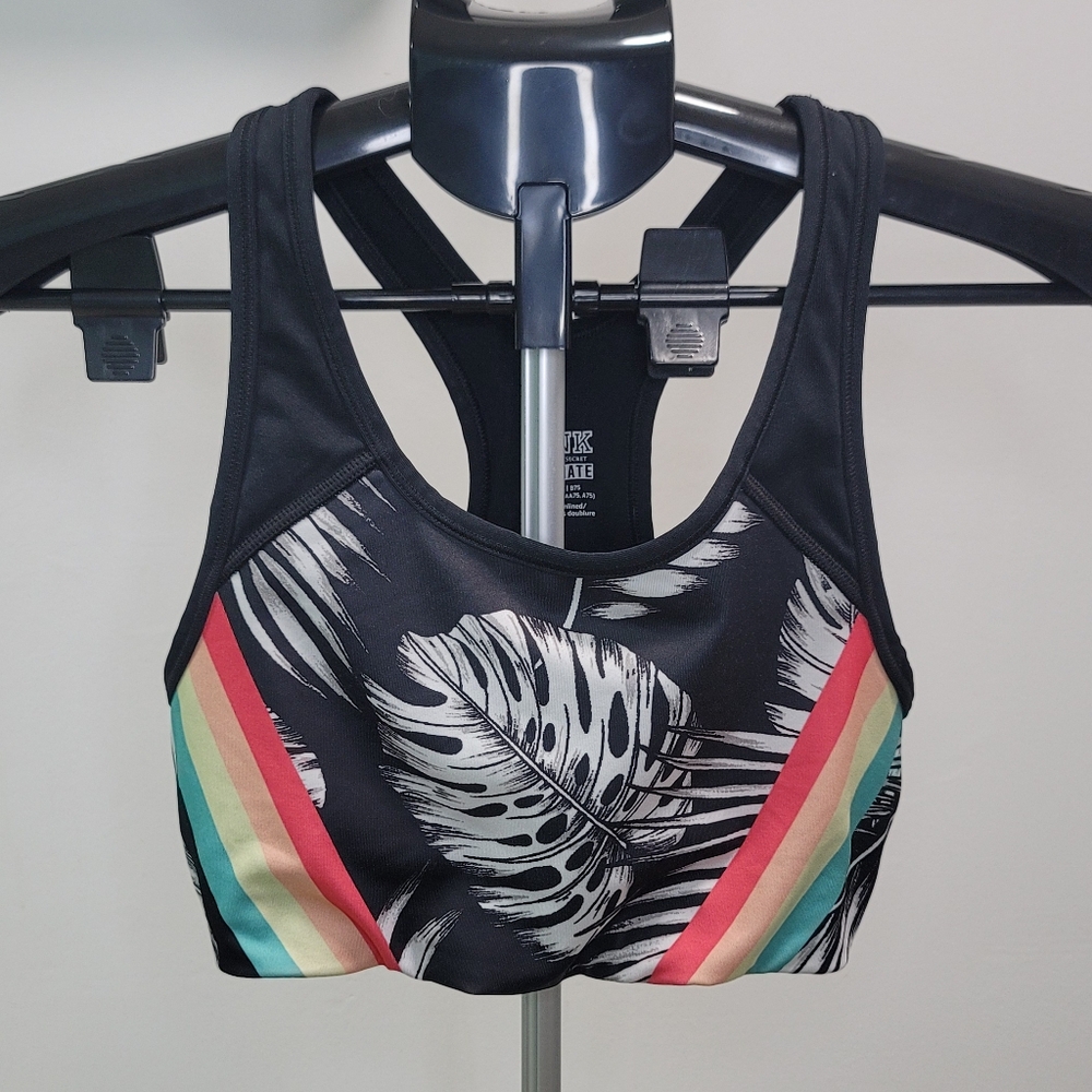 Victoria's Secret Ultimate Unlined Sport Bra Small Racerback Logo Tropical Palm